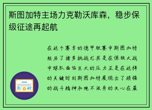 斯图加特主场力克勒沃库森，稳步保级征途再起航
